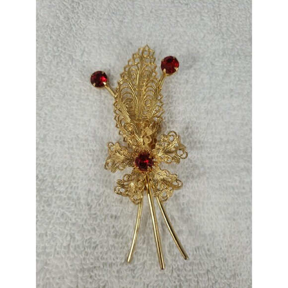 Vintage Gold Filigree Flower Pin Brooch Red Faux Ruby Stones Beautiful 3.5" - Picture 1 of 14